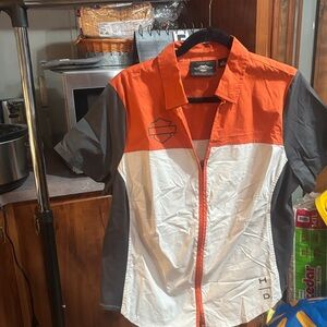 Harley-Davidson Orange, White, and Gray Shirt wore one time ZIP UP
